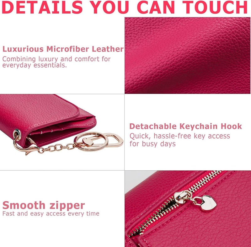 Sunpour Women Small Wallet RFID Blocking Slim Wallet with Coin Pocket Tri-Fold Credit Card Holder with ID Window and Keychain (Red) - Image 5